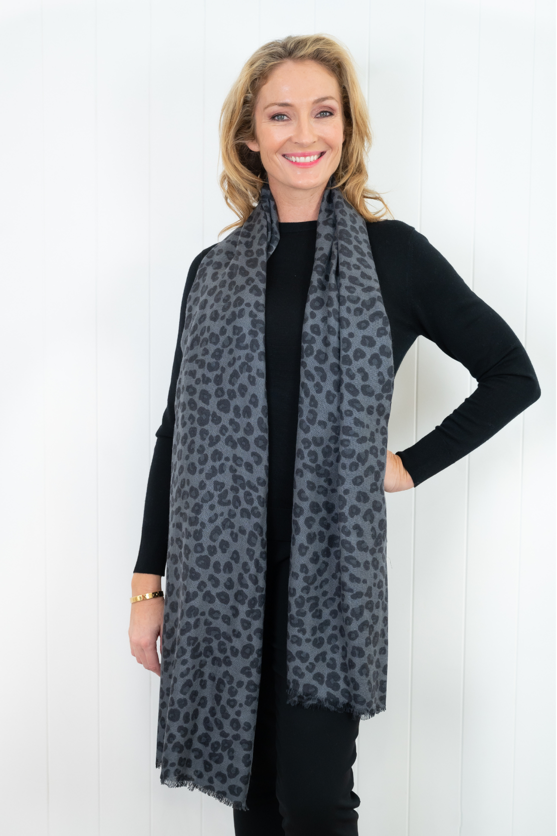 Leopard Print Cashmere Scarf Dark Charcoal Black Sophistication Cara Cashmere