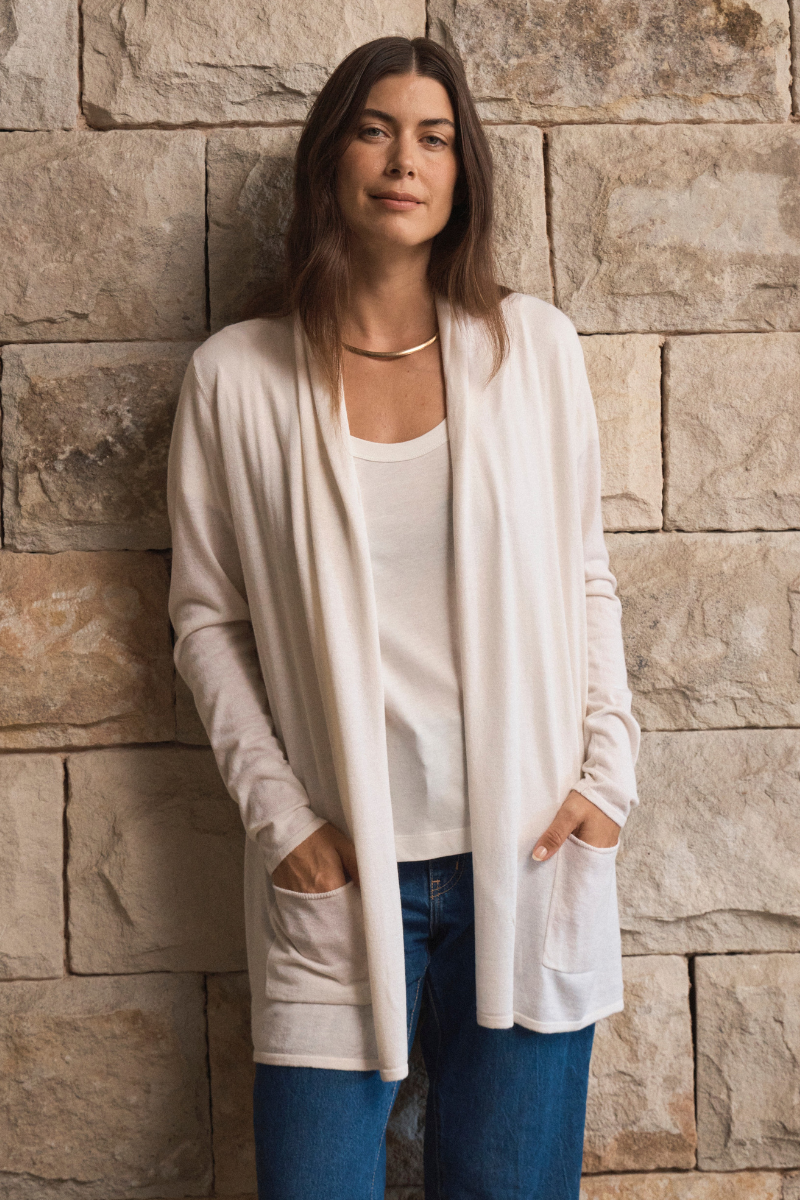 Ecru Longline Silk Cashmere Cardigan Cara Cashmere