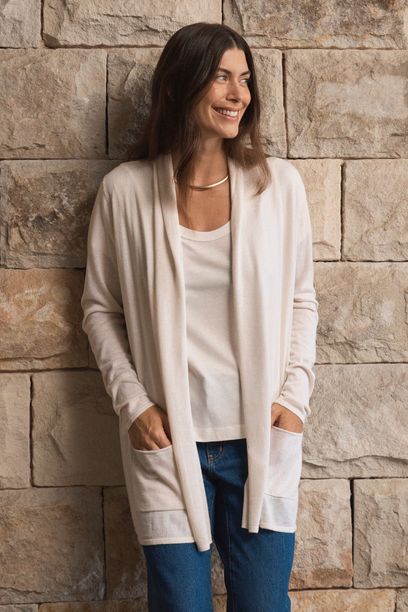 Ecru Longline Silk Cashmere Cardigan Cara Cashmere